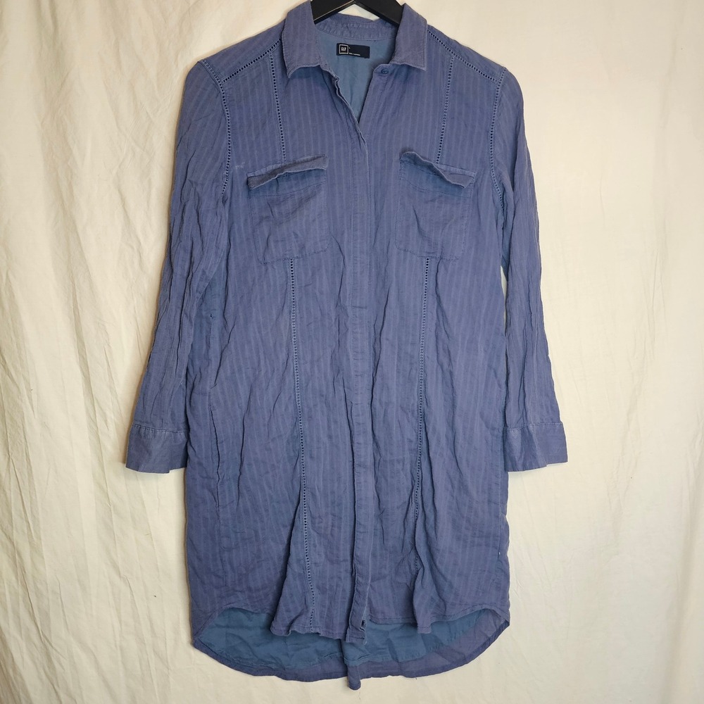 Gap Blue Large Cotton Stripe Ladder Stitch Button Front Shirt Dress Long‎ Sleeve
